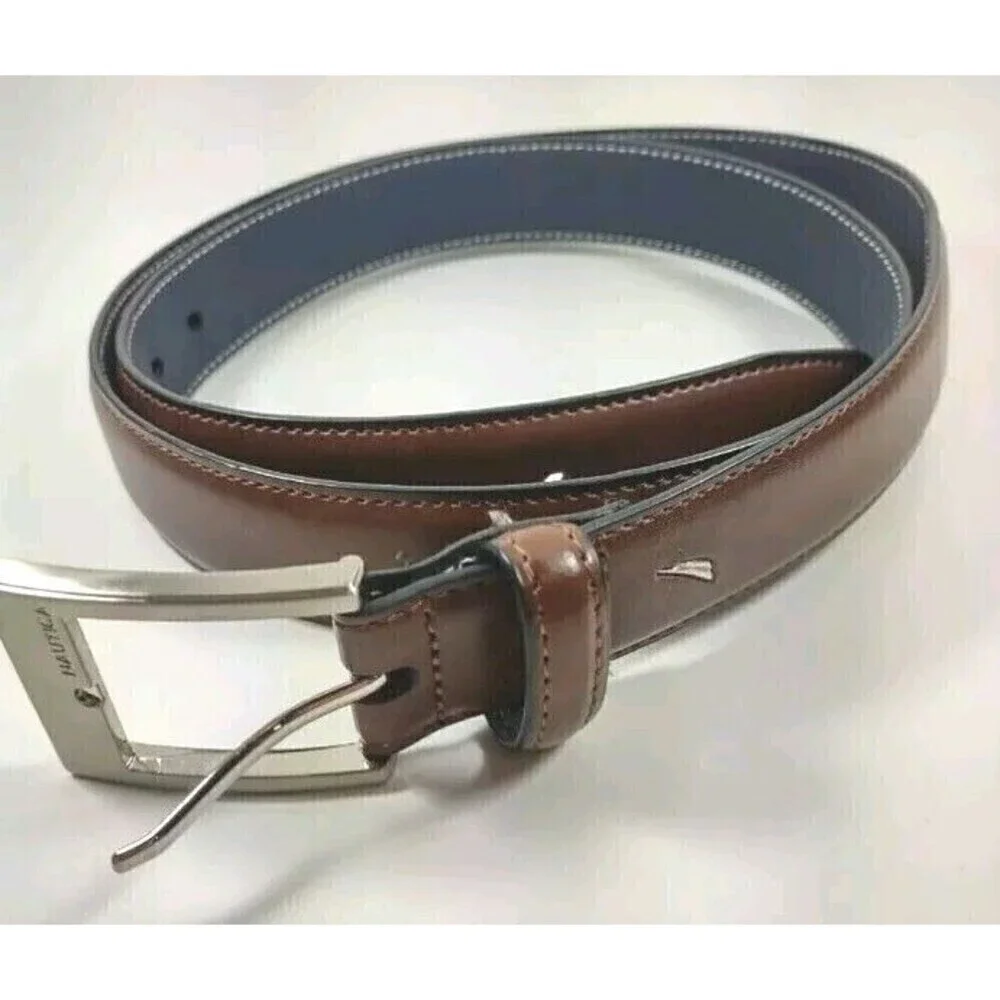 Nautica Men's Belt Size 40 Brown Leather Classic Logo Basic Dress Dad Gift